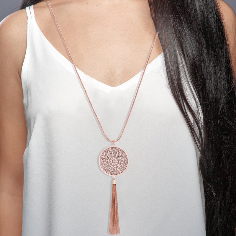 MOLOCH Long Necklaces For Woman Disk Circle Pendant Necklaces Tassel Fringe Necklace Set Statement Pendant (rose gold) - Image 2